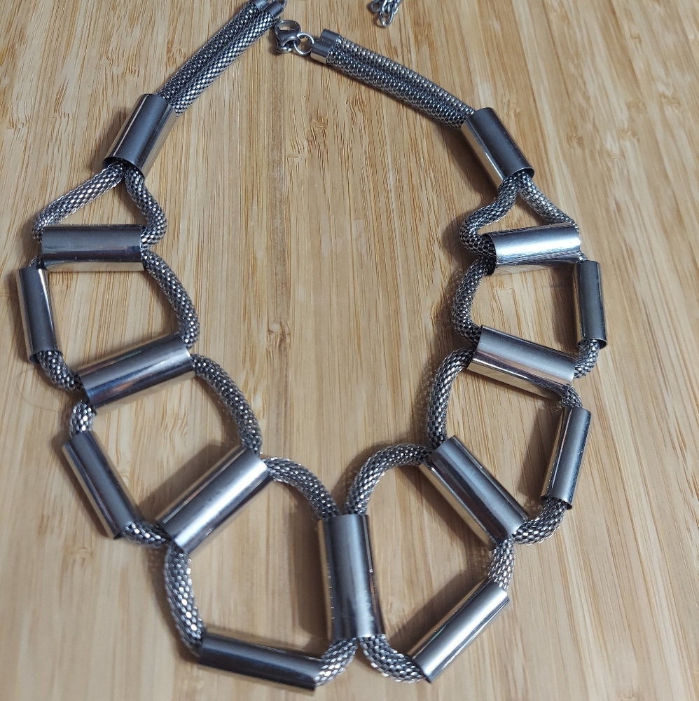 DSMK Stainless Steel Silver Bar Statement Necklace